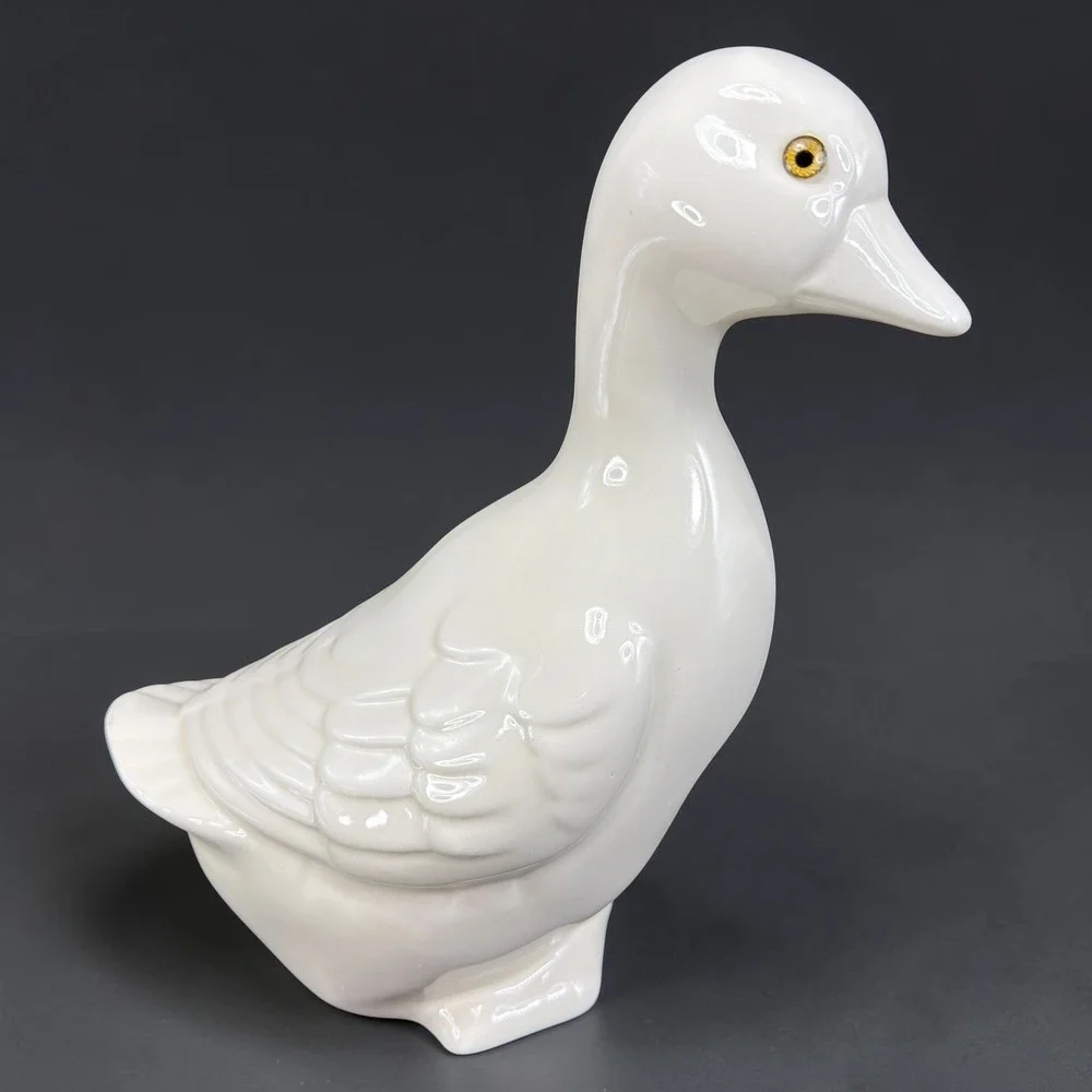 Lionstone Pottery White Ceramic Duck Figurine Glossy Bird Statue 10in Tall